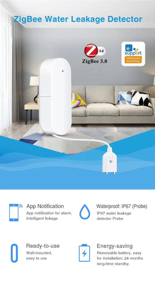 ZigBee 3.0 Water Leakage Sensor Flood Alarm Water Level Overflow Detector Smart Security System Work with eWeLink Zigbee Gateway